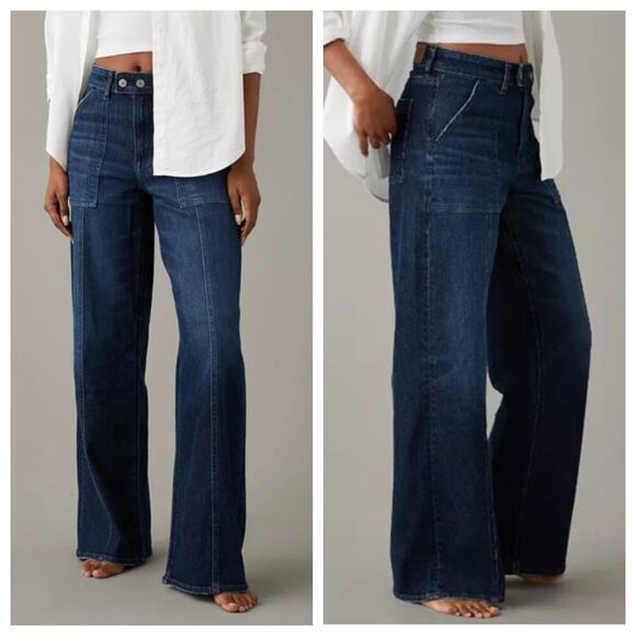 American Eagle Outfitters Denim - American Eagle Super High Rise Baggy Wide Leg Stretch Jeans Size 10 Short Dark